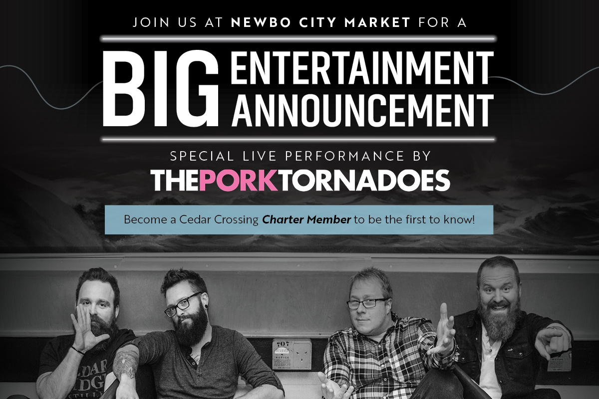 Join us at Newbo City Market for a Big Entertainment Announcement. Special live performance by The Pork Tornadoes
